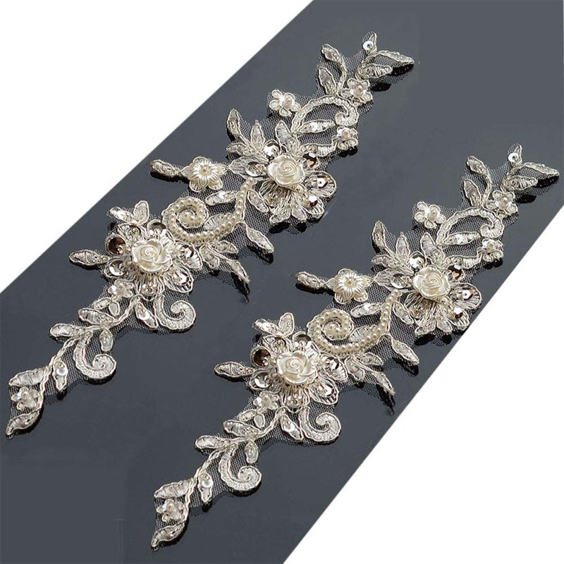 Zthread Bling Paillette Rhinestones Lace Appliques Pearl Beaded Bridal Applique Sewing Patch for DIY Wedding Belt Shoes Ivory (2 Pieces) - Image 1